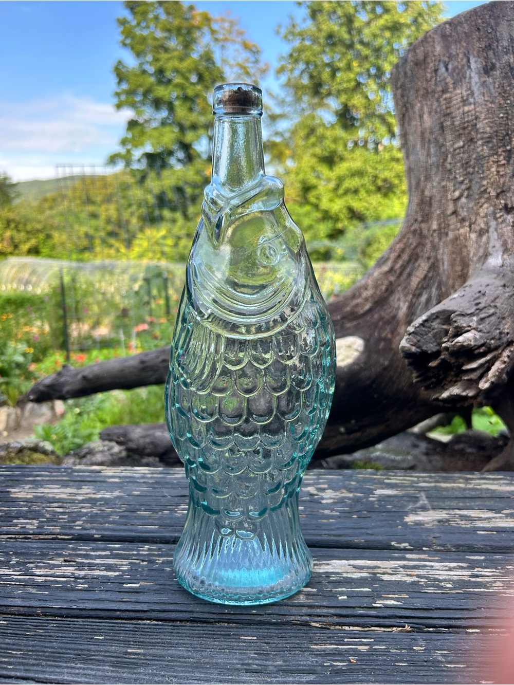 Vintage Aqua Glass Fish Bottle 12” Figural Decanter Nautical Coastal Decor